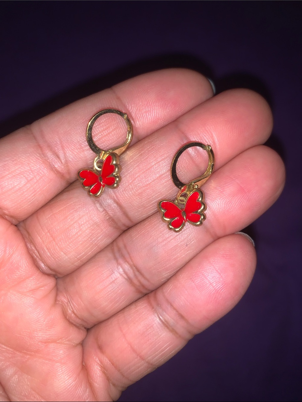 Gold Butterfly Hoop Earrings with Red Enamel Charm